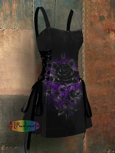 Gothic Style Wilted Rose Art Print Strappy Sleeveless Mini Dress Purple / S