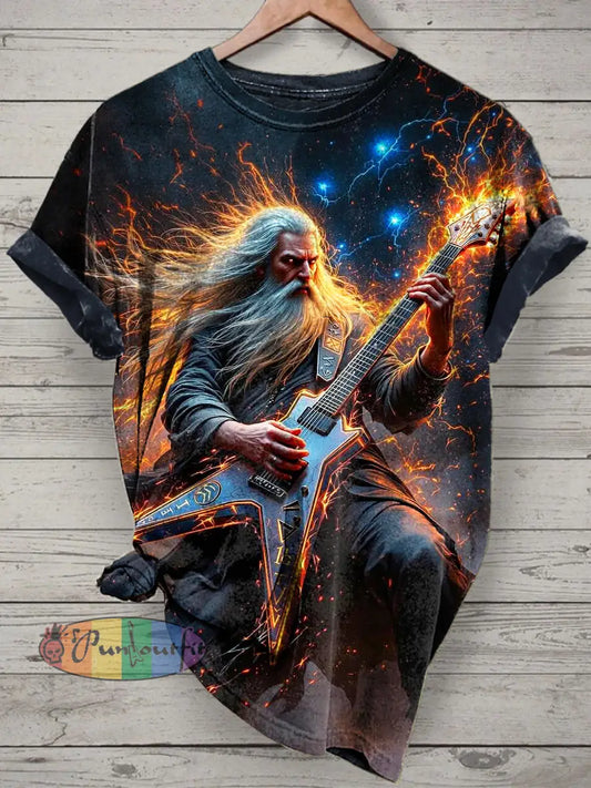 Guitarist Printed Vintage Fashion Loose Short Sleeve T-Shirt Navy Blue / S