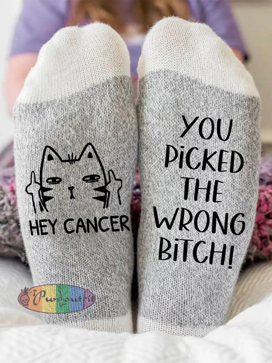Hey cancer you picked the wrong bitch unisex socks Light Gray / ONE