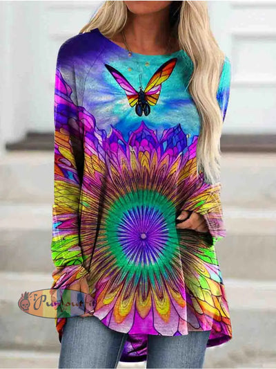 Hippie Art Butterfly Round Neck Long Sleeve Casual Tunic As Picture / S