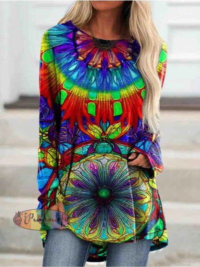 Hippie Art Butterfly Round Neck Long Sleeve Casual Tunic As Picture / S