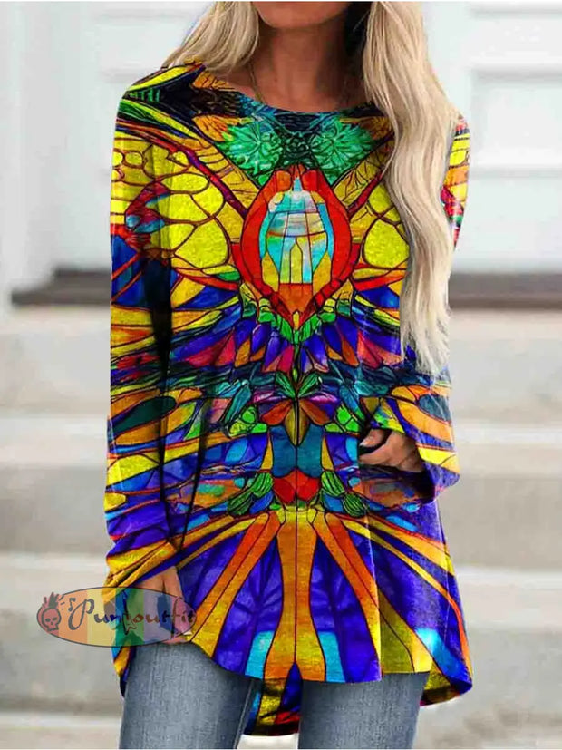 Hippie Art Butterfly Round Neck Long Sleeve Casual Tunic As Picture / S