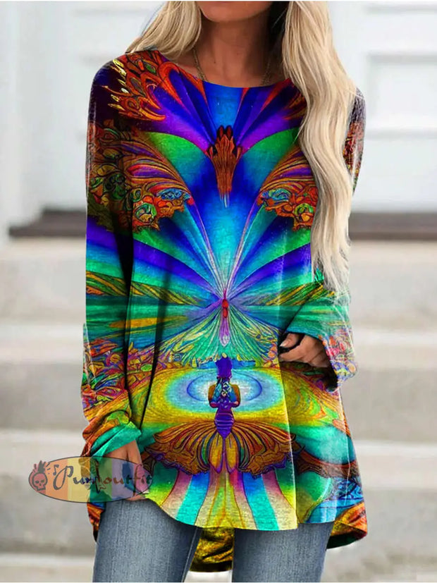 Hippie Art Butterfly Round Neck Long Sleeve Casual Tunic As Picture / S