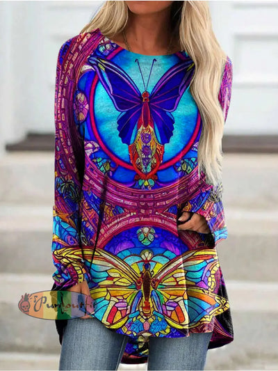 Hippie Art Butterfly Round Neck Long Sleeve Casual Tunic As Picture / S