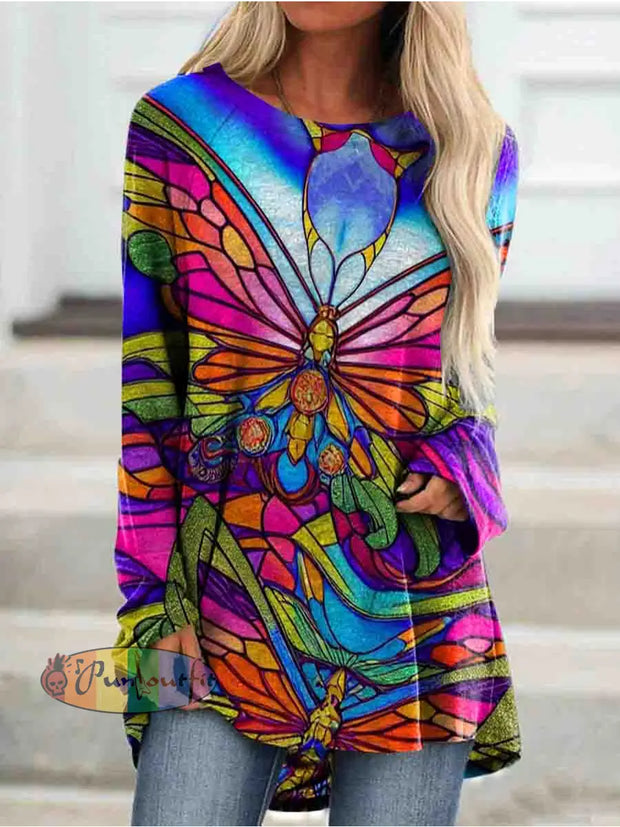 Hippie Art Butterfly Round Neck Long Sleeve Casual Tunic As Picture / S