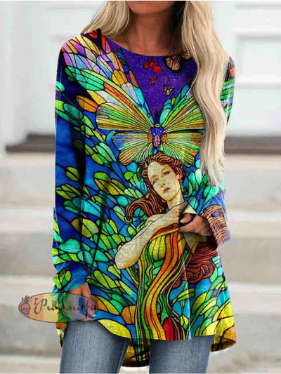 Hippie Art Butterfly Round Neck Long Sleeve Casual Tunic As Picture / S