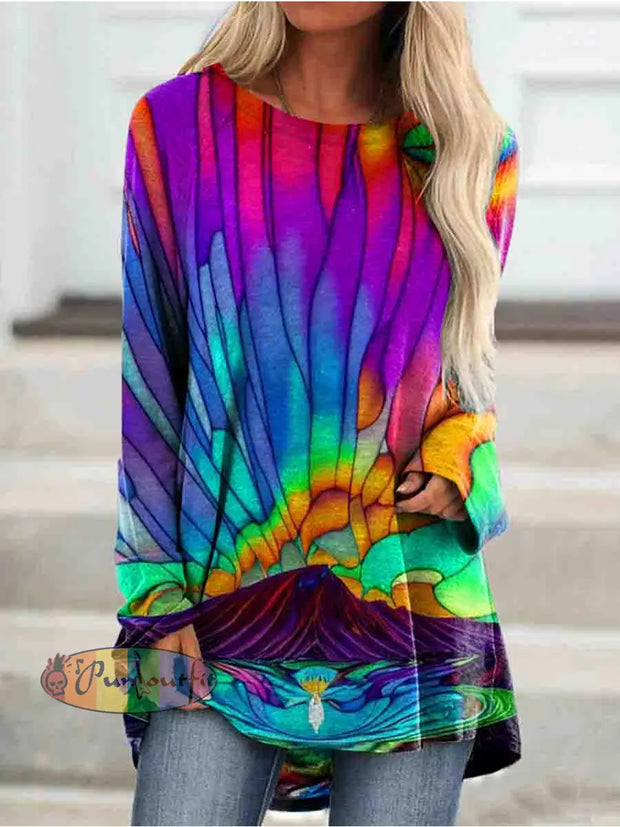 Hippie Art Colorful Crew Neck Long Sleeve Casual Outerwear As Picture / S