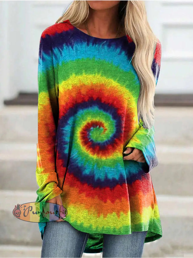 Hippie Art Crew Neck Long Sleeve Casual Tunic As Picture / S