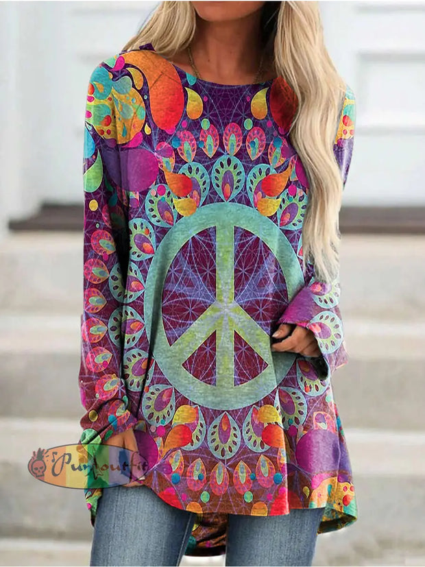 Hippie Art Crew Neck Long Sleeve Casual Tunic As Picture / S