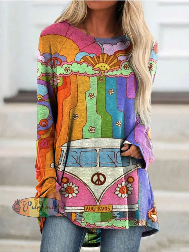 Hippie Art Crew Neck Long Sleeve Casual Tunic As Picture / S