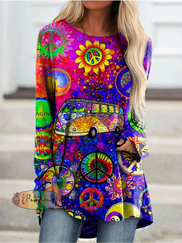 Hippie Art Crew Neck Long Sleeve Casual Tunic As Picture / S