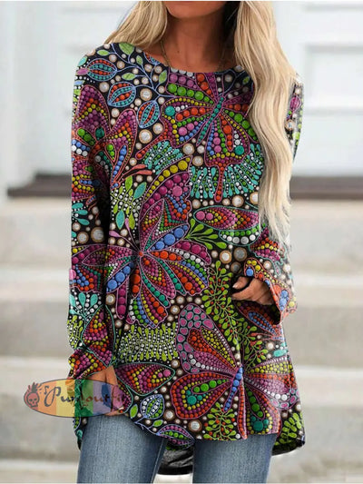 Hippie Art Crew Neck Long Sleeve Casual Tunic As Picture / S