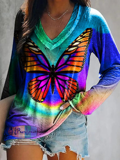 Hippie Art Love Butterfly Print Long Sleeve T-Shirt As Picture / S