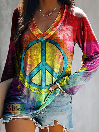 Hippie Art Love Peace Psychedelic Print Long Sleeve T-Shirt As Picture / S