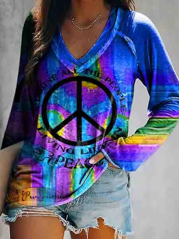 Hippie Art Love Peace Psychedelic Print Long Sleeve T-Shirt As Picture / S