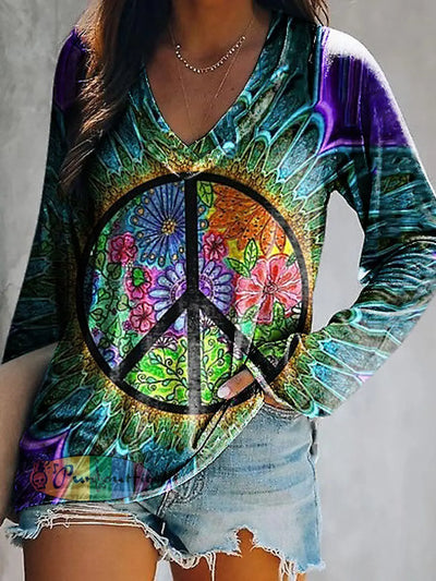 Hippie Art Love Peace Psychedelic Print Long Sleeve T-Shirt As Picture / S