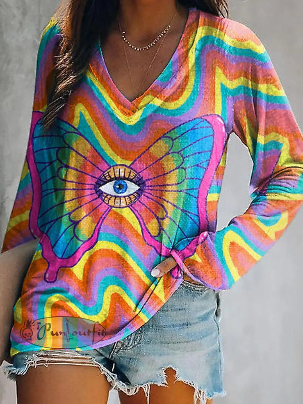 Hippie Butterfly Psychedelic Print Long Sleeve T-Shirt As Picture / S