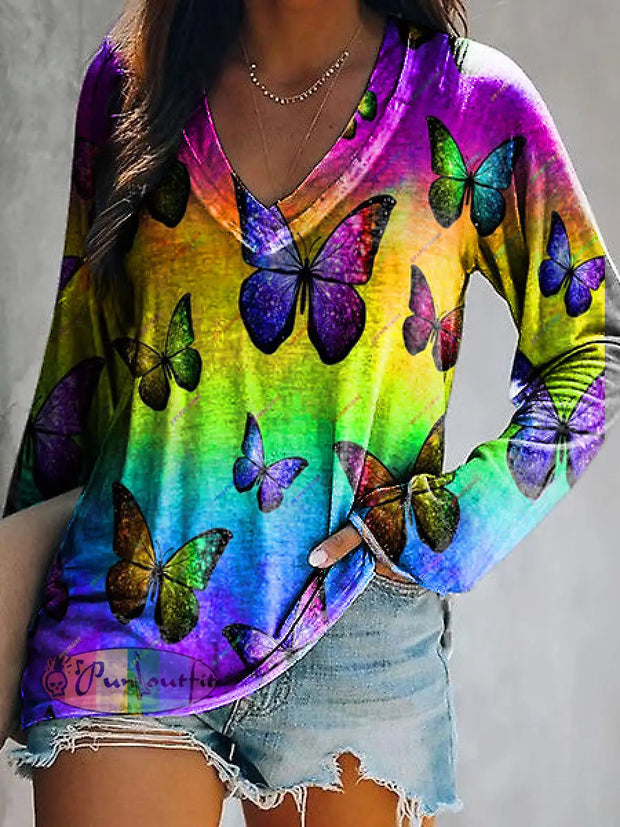 Hippie Butterfly Psychedelic Print Long Sleeve T-Shirt As Picture / S