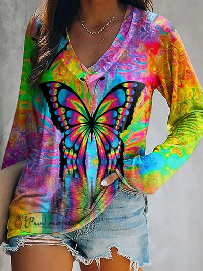 Hippie Butterfly Psychedelic Print Long Sleeve T-Shirt As Picture / S