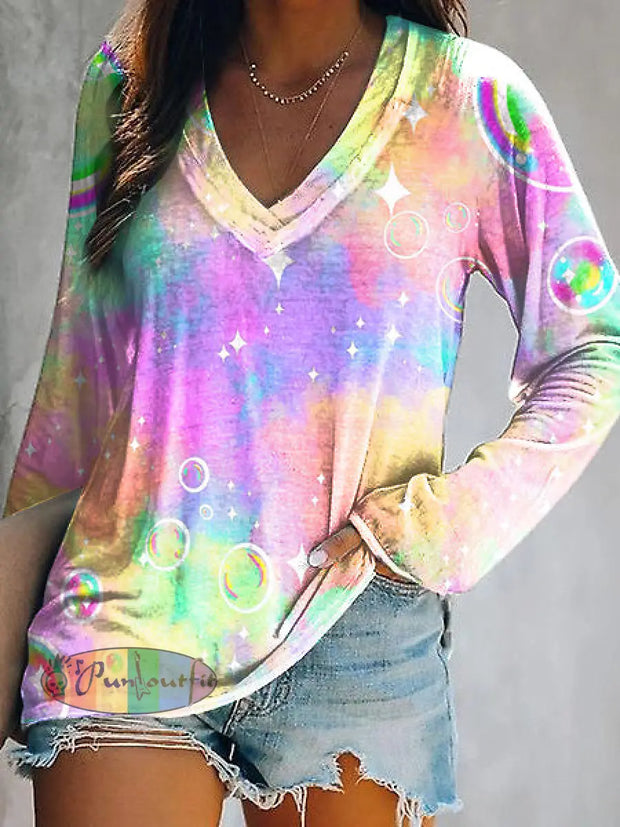 Hippie Colorful Psychedelic Print Long Sleeve T-Shirt As Picture / S