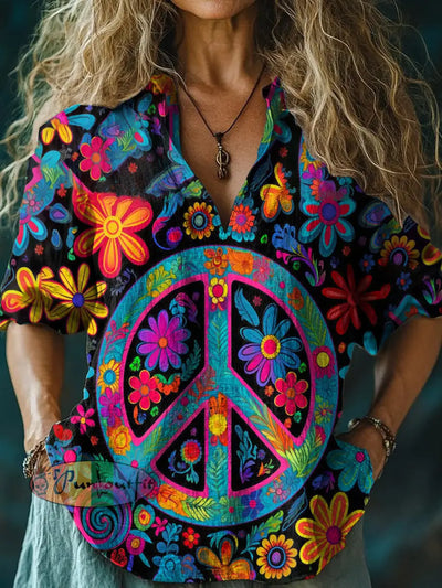 Hippie Flower Peace Printed Round Neck Casual Cotton Long T Shirt As Picture / S