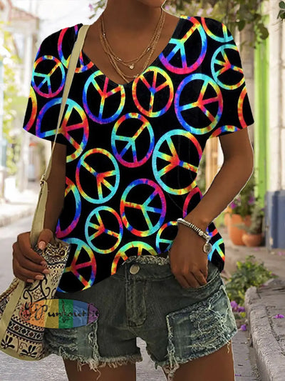 Hippie Peace Printed Vintage Fashion Loose Short Sleeve T-Shirt As Picture / S