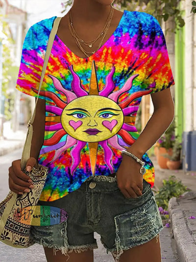 Hippie Peace Sun Printed Vintage Fashion Loose Short Sleeve T-Shirt As Picture / S