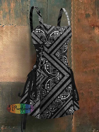 Hippie Style Abstract Art Print Strappy Sleeveless Mini Dress Black / S