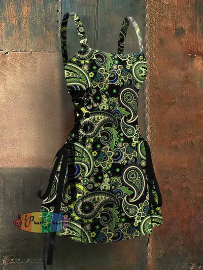 Hippie Style Abstract Art Print Strappy Sleeveless Mini Dress Green / S