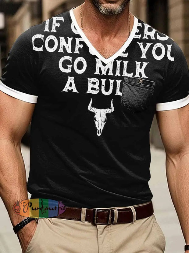 If Genders Confuse You Go Milk A Bull Print Short Sleeve V-Neck T-Shirt Black / S