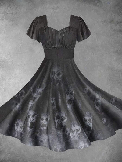 Vintage Halloween Ghost Print Short Sleeve Dress