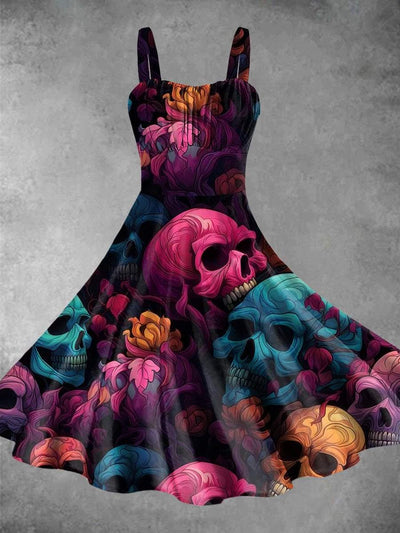 Vintage Colorful Skull Print Backless Dress