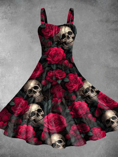 Retro Rose Skull Print Backless Dress