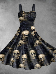 Vintage Skulls Halloween Print Backless Dress