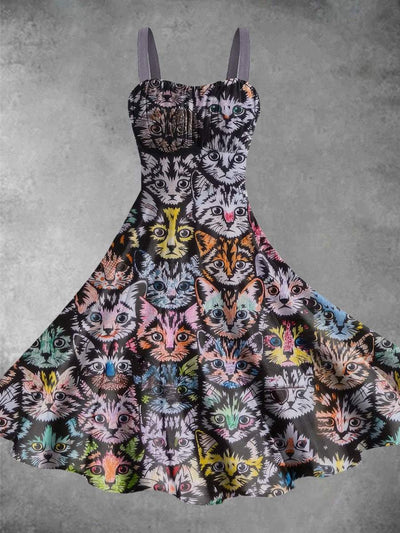 Vintage Cats Print Backless Dress