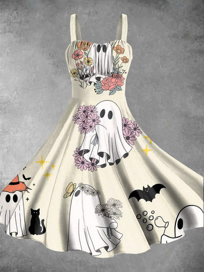 Vintage Lovely Ghost Print Backless Dress