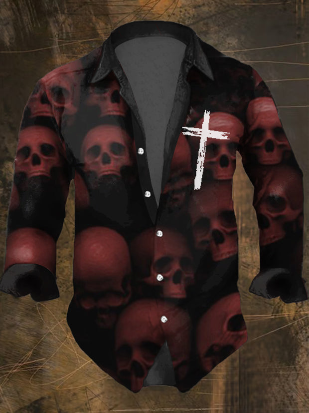 Men’s Vintage Dark Skull Print Long Sleeve Shirt