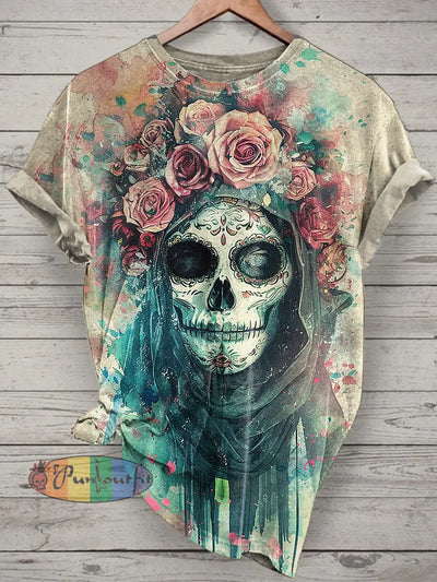 La Catrina Printed Vintage Fashion Loose Short Sleeve T-Shirt Beige / S