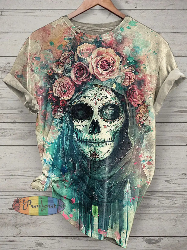 La Catrina Printed Vintage Fashion Loose Short Sleeve T-Shirt Beige / S