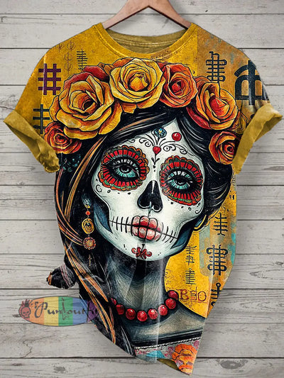 La Catrina Printed Vintage Fashion Loose Short Sleeve T-Shirt Yellow / S