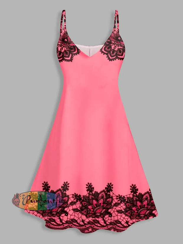 Lace Flowers Print V Neck High Waist Spaghetti Strap Dress Sleeveless Summer A Line Cami Dress Pink / S