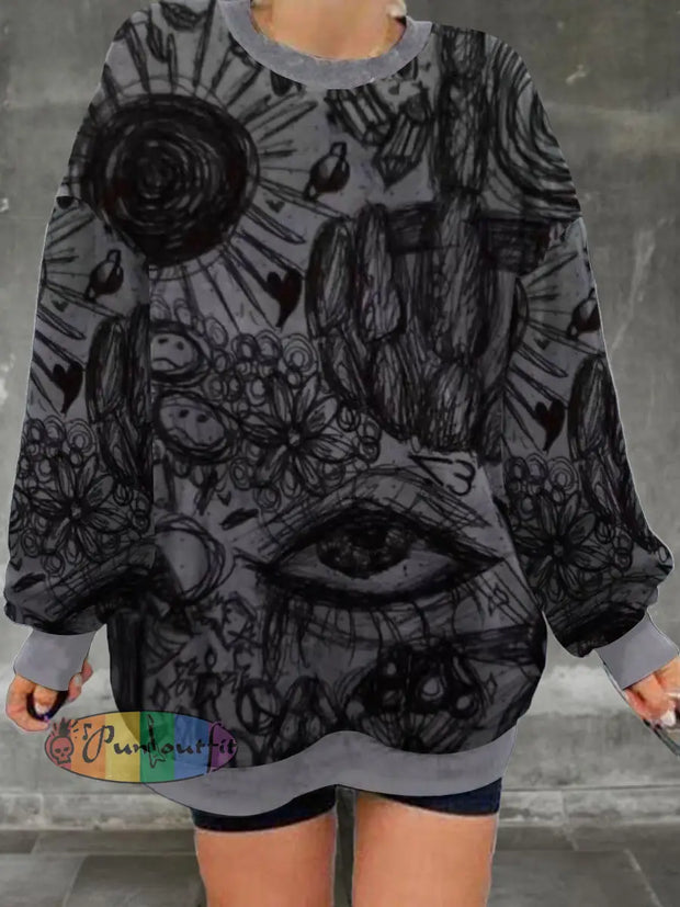 Ladies’ Retro Art Graffiti Pattern Printed Casual Fashion Long Sleeved Loose Round Neck