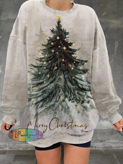 Ladies’ Retro Christmas Tree Pattern Printed Casual Fashion Long Sleeved Loose Round Neck