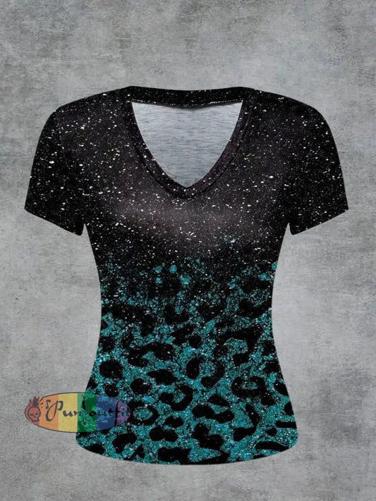 Leopard Printed Vintage Fashion Loose V-Neck Short Sleeve T-Shirt Black / S