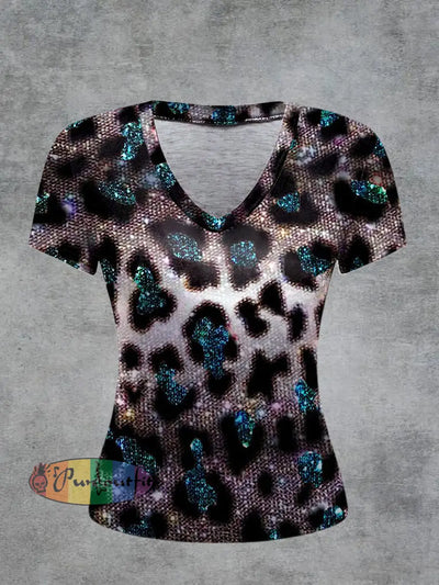 Leopard Printed Vintage Fashion Loose V-Neck Short Sleeve T-Shirt Colorful / S