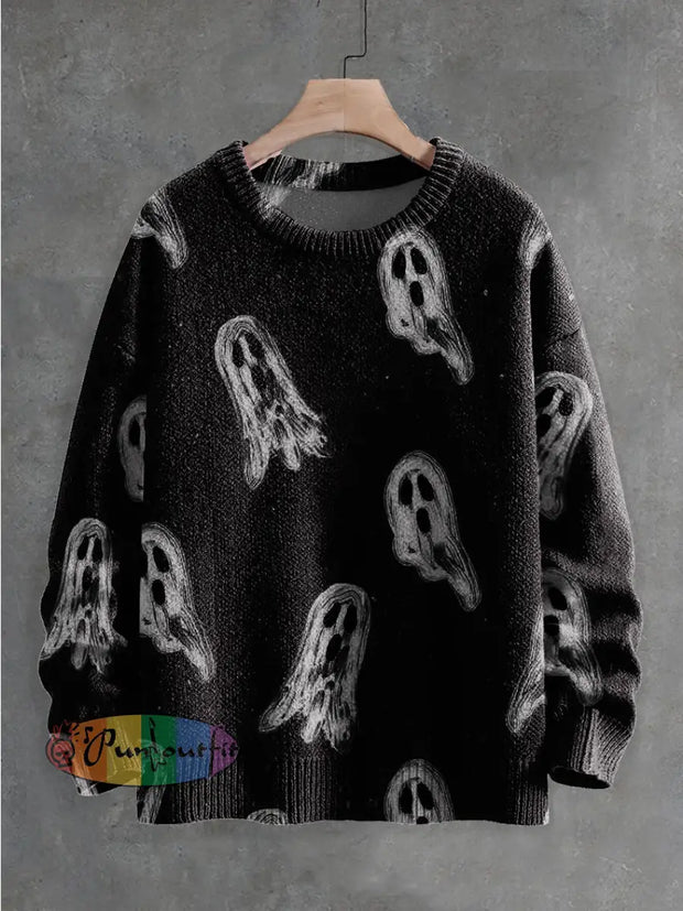 Little Ghosts Decorative Pattern Knit Pullover Sweater Multicolor / S Men\’S Clothing