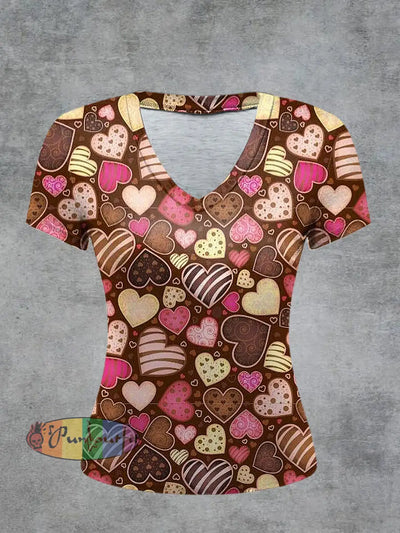 Love Printed Vintage Fashion Loose V-Neck Short Sleeve T-Shirt Colorful / S