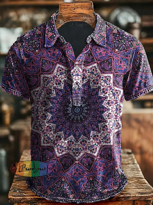 Mandala Print Casual Short Sleeve Polo Shirt As picture / S