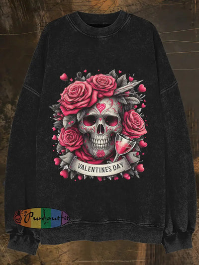 Man`s Valentine’s Day Skull Print Crew Neck Casual Sweatshirt Black / S