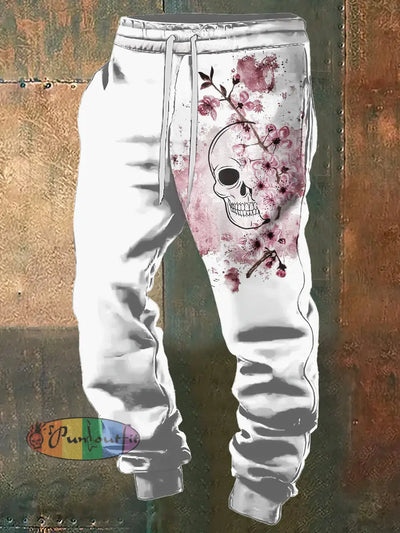 Men’s 3D Skull And Bossom Halloween Print Sweatpants White / S